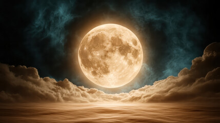 Luminous moon shines brightly behind drifting clouds, creating serene atmosphere