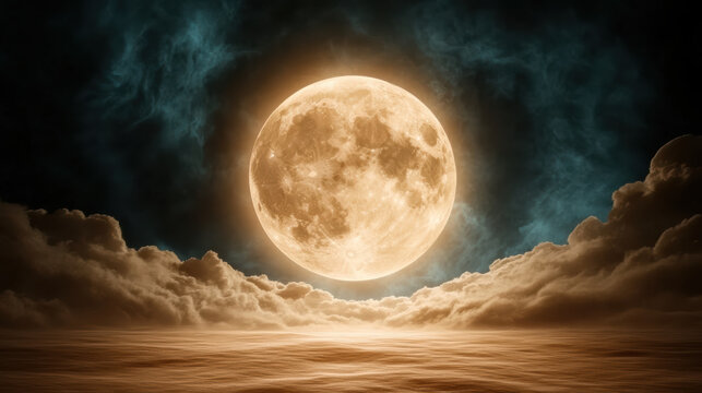 Luminous moon shines brightly behind drifting clouds, creating serene atmosphere - Powered by Adobe