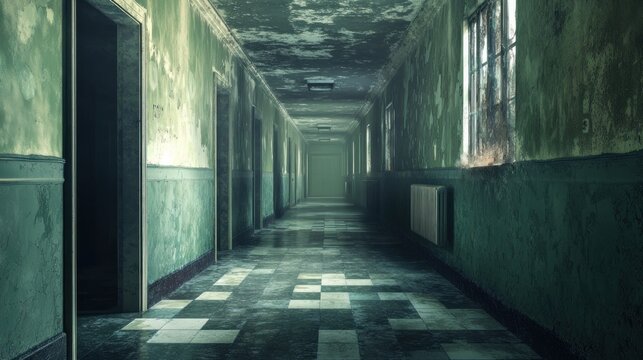 A dimly lit, eerie hallway with green walls and a ceiling, featuring a door on the left and a radiator on the right.