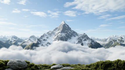 Majestic mountain peak rises above clouds, surrounded by lush greenery and rocky terrain