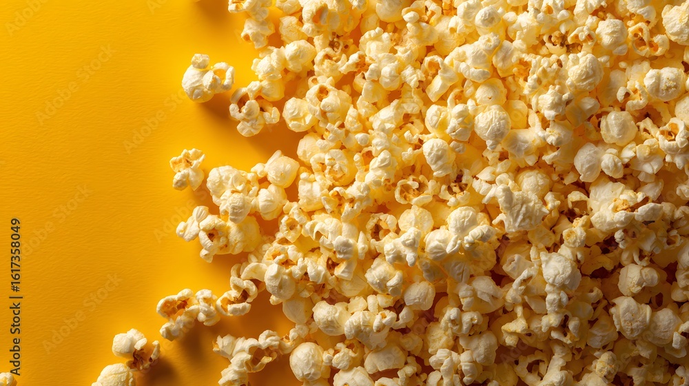 Poster a close-up view of popcorn kernels on a yellow surface.