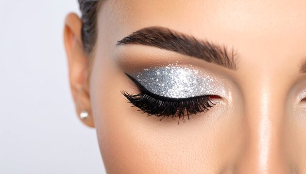 Close-up of a woman's eye with silver glitter eyeshadow and defined eyeliner