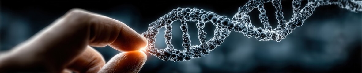 A macro shot of a hand carefully holding a translucent 3D-printed DNA model, with soft lab lighting and blurred scientific background details.