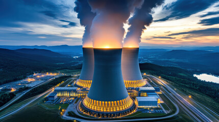 Glowing cooling towers at nuclear facility under twilight sky create striking scene