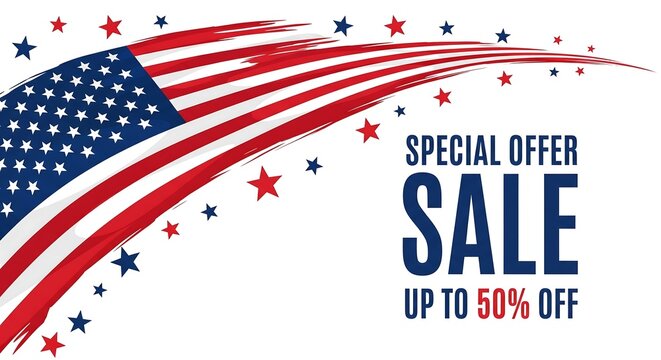 Patriotic sale graphic with a stylized US flag, stars, and text SPECIAL OFFER SALE UP TO 50% OFF in blue, promoting a discount or promotion.