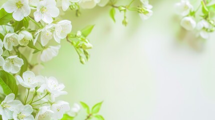 Fototapeta premium Dreamy spring background with soft green foliage and delicate white floral border, featuring blooming flowers and gentle botanical elements for wedding invitations, greeting cards, or seasonal designs