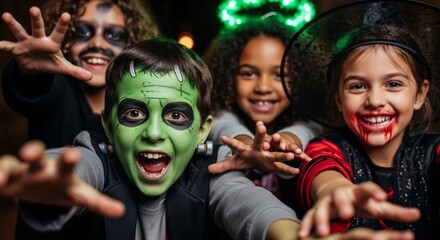 Photo of a group of diverse children in halloween costumes are posing and smiling for the camera at a party