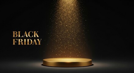 Photo of golden spotlight illuminates a podium for a black friday sale event, creating a luxurious backdrop