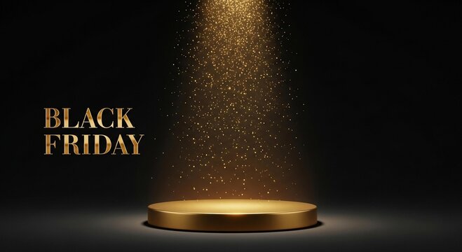 Photo of golden spotlight illuminates a podium for a black friday sale event, creating a luxurious backdrop