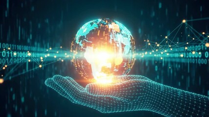 A futuristic digital representation of a human hand holding a glowing globe symbolizing global connectivity and technology with binary code and data visualizations in the background - Powered by Adobe