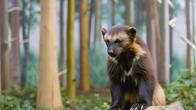 A powerful wolverine stands alertly in a natural forest setting, its keen senses attuned to its surroundings. 

