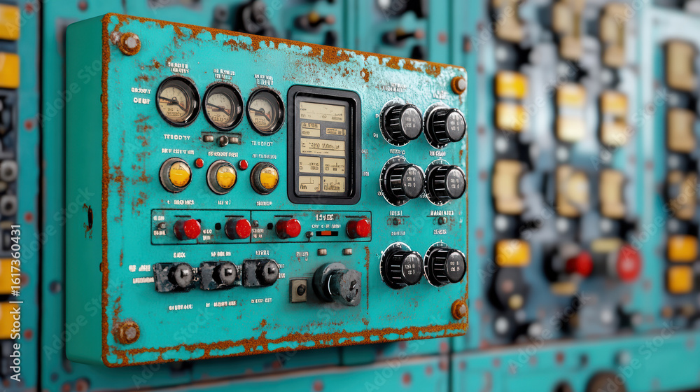 Poster old control panel with rust and worn buttons, showcasing vintage technology and history