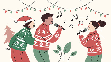 Lively Holiday Karaoke Night with Friends Singing and Celebrating in Festive Atmosphere
