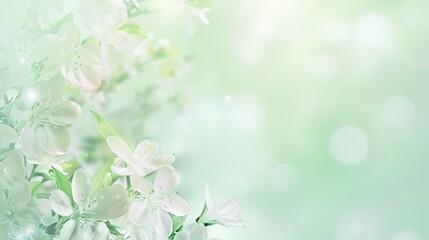 Dreamy spring background with soft green foliage and delicate white floral border, featuring blooming flowers and gentle botanical elements for wedding invitations, greeting cards, or seasonal designs