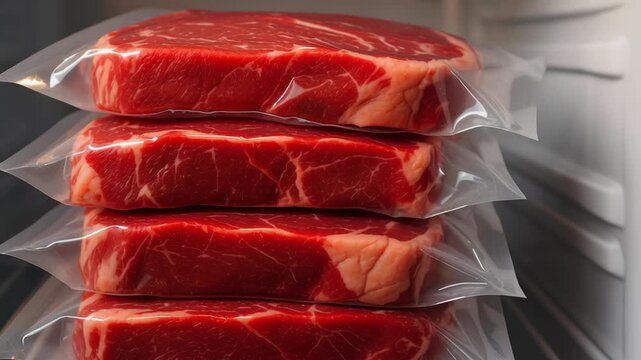 Local food inspection. Frozen steak vacuum sealed meat plastic bags stacked inside refrigerator shelf showing fresh red marbled meat preserved for later