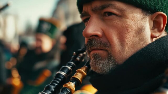Traditional Scottish musician playing the bagpipes on a stage, possibly at a festival or cultural event.