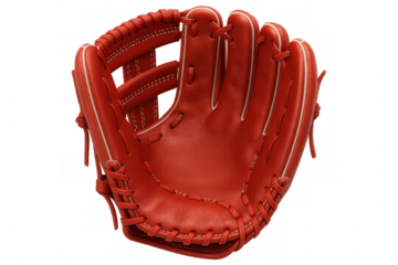 Red baseball glove with visible white laces, isolated on transparent background, ready for catching