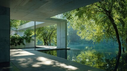 Modern glass building with a serene water feature surrounded by lush greenery
