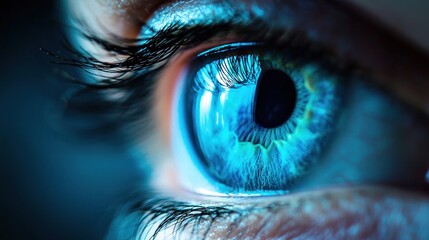 A close-up of a blue eye with dark eyelashes and a dark pupil, set against a dark background.