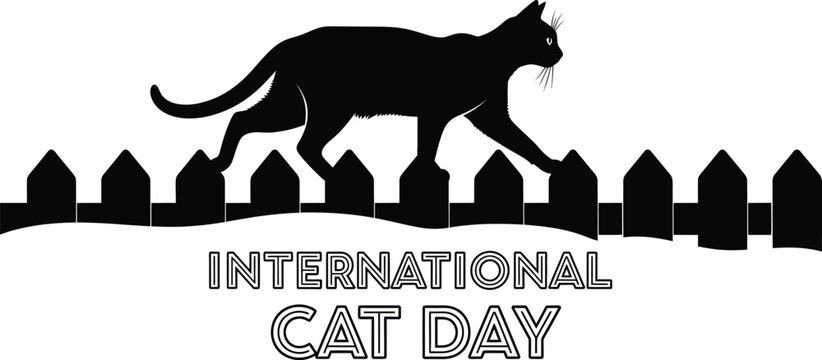 Vector art of a black cat silhouette walking along a fence for international cat day celebration - Powered by Adobe