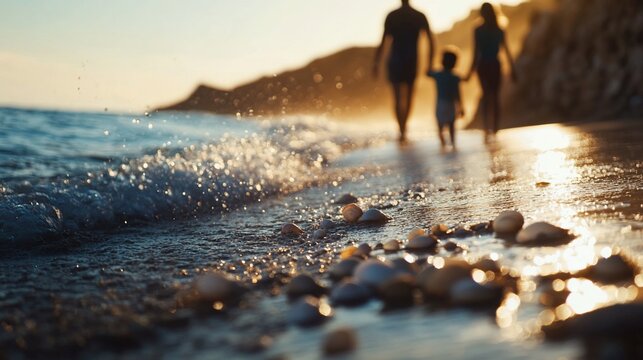 Golden hour family stroll along a serene shoreline with glistening waves - Powered by Adobe