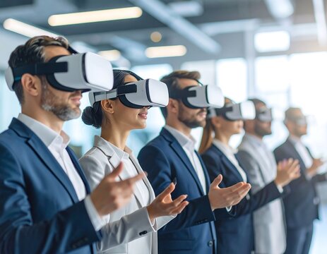Business professionals wearing VR headsets - Powered by Adobe