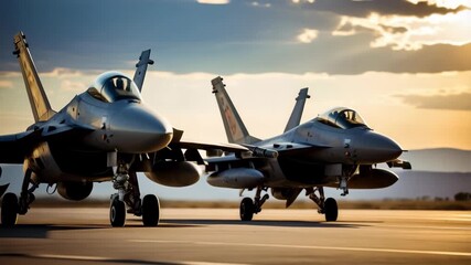 Two fighter jets stand ready on the runway at dusk, preparing for their next mission in aviation and airpower.