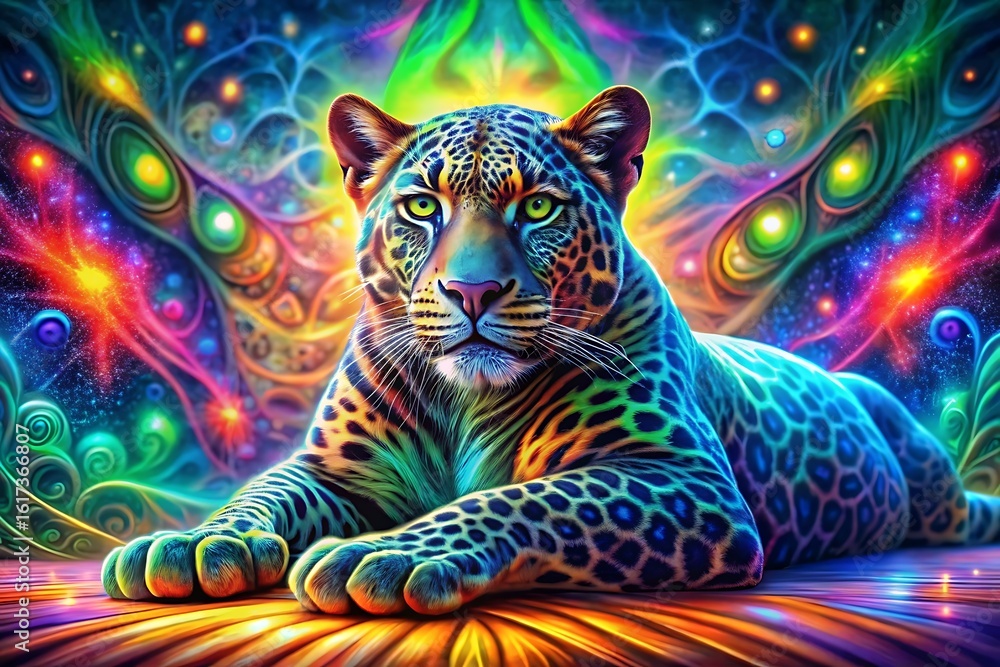 Poster a majestic leopard with a vibrant and colorful background, its piercing eyes gazing intently, surrou