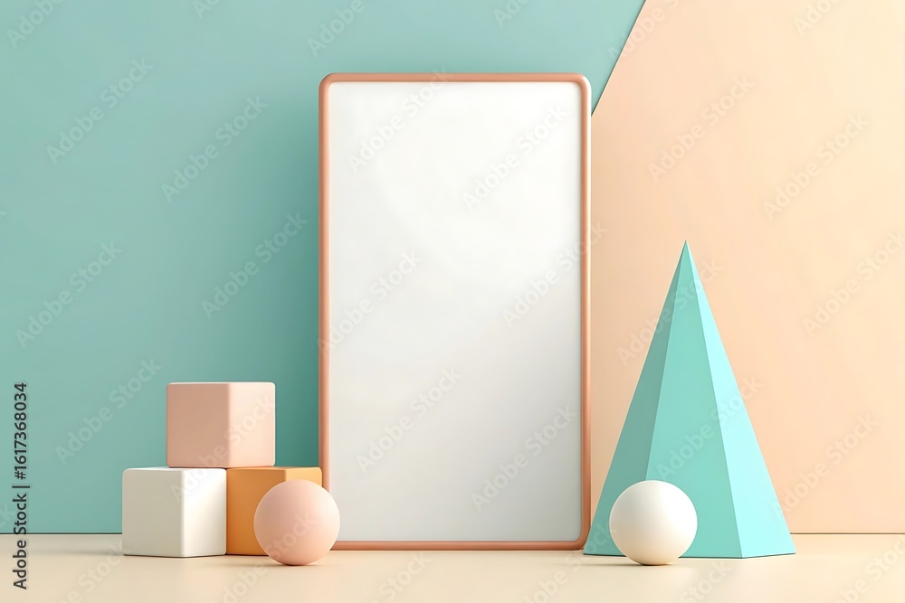 Poster a minimalist mockup featuring a smartphone with a blank screen, surrounded by geometric shapes in pa