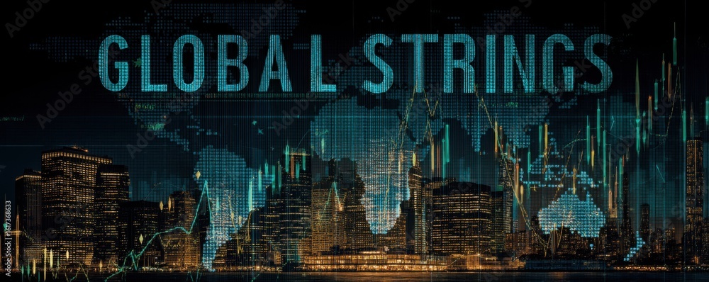 Poster global financial data overlays skyscrapers with analytical charts and digital elements