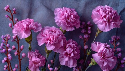 Obraz premium Pink carnations and sprigs on textured fabric