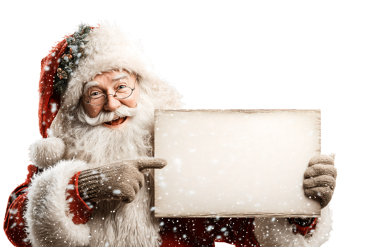 Santa with blank sign on transparent background PNG