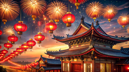 Vibrant chinese new year celebration with traditional red lanterns and fireworks illuminating a temple at dusk