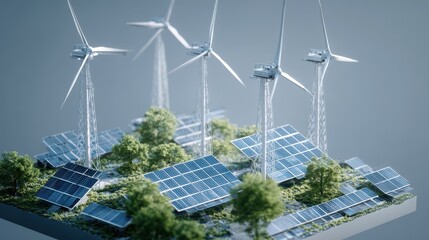 Renewable Energy Setup with Solar Panels and Wind Turbines