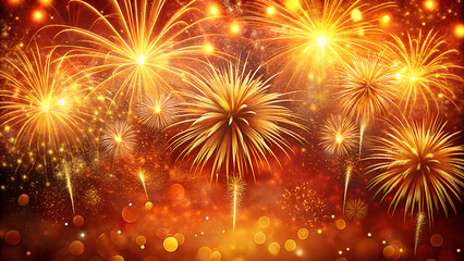 Fototapeta premium Vibrant and dazzling golden and orange fireworks explode in a celebratory display against a dark background with shimmering bokeh lights creating a festive atmosphere