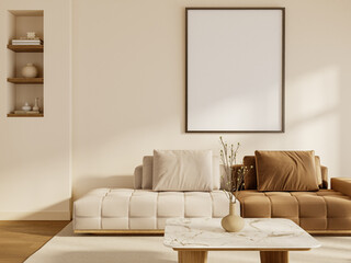 Modern Neutral Living Room with Picture Frame, Wooden Coffee Table, and Soft Toned Sofa