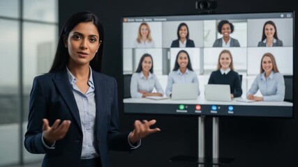 Confident businesswoman leads virtual meeting with diverse team on large screen display - Powered by Adobe