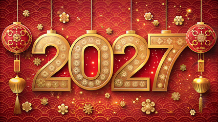 Golden 2027 numbers decorated with intricate patterns hang amidst traditional chinese lanterns and festive ornaments on a red textured background