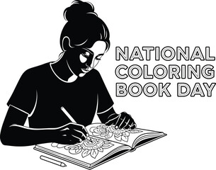 Vector art of a woman is coloring in an adult coloring book to celebrate national coloring book day