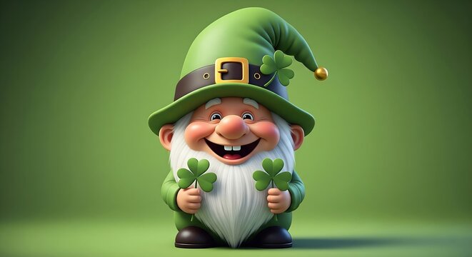 A cheerful cartoon leprechaun with a green hat and clover smiles on a matching green background. He is holding two clover leaves.