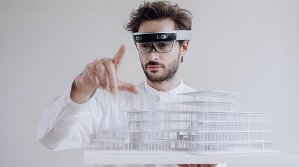 Architect Wearing AR Glasses Interacting with Architectural Model