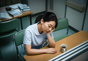 病院の休憩室で疲れた様子を見せる女性看護師