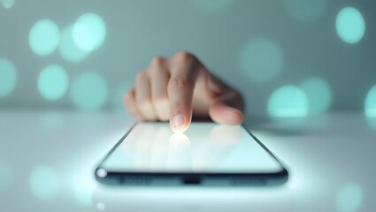 Person s finger tapping on a glowing smartphone screen