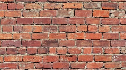 Obraz premium Undecorated red brick wall from straight-on view, clear individual brick texture, worn side with age cracks, vintage textured background