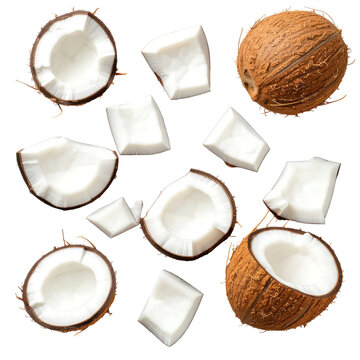 Coconut halves and pieces isolated on a transparent background.