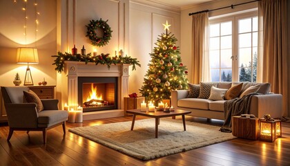 Warm and Cozy Holiday Atmosphere with Christmas Decorations and Bright Lights – Ideal for Invitations, Posters, or Social Media Posts