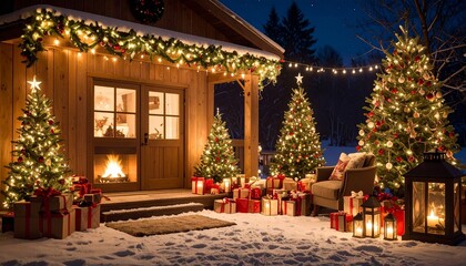Warm and Cozy Holiday Atmosphere with Christmas Decorations and Bright Lights – Ideal for Invitations, Posters, or Social Media Posts