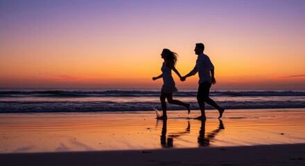 A romantic couple silhouetted against a vibrant sunset, holding hands and running along the wet sand of a beach.
