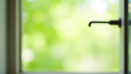 Blurred green foliage seen through a window with a black handle