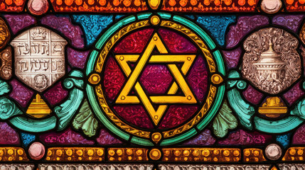 Fototapeta premium Intricate stained glass panel with a star of david design.